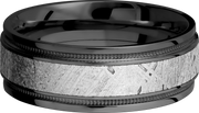 Zirconium 8mm flat band with reverse milgrain and an inlay of authentic Gibeon Meteorite