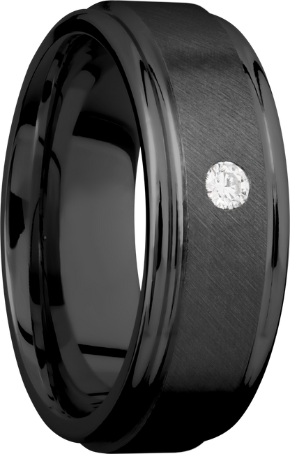 Zirconium 8mm flat band with slightly rounded edges and a flush-set .07ct diamond