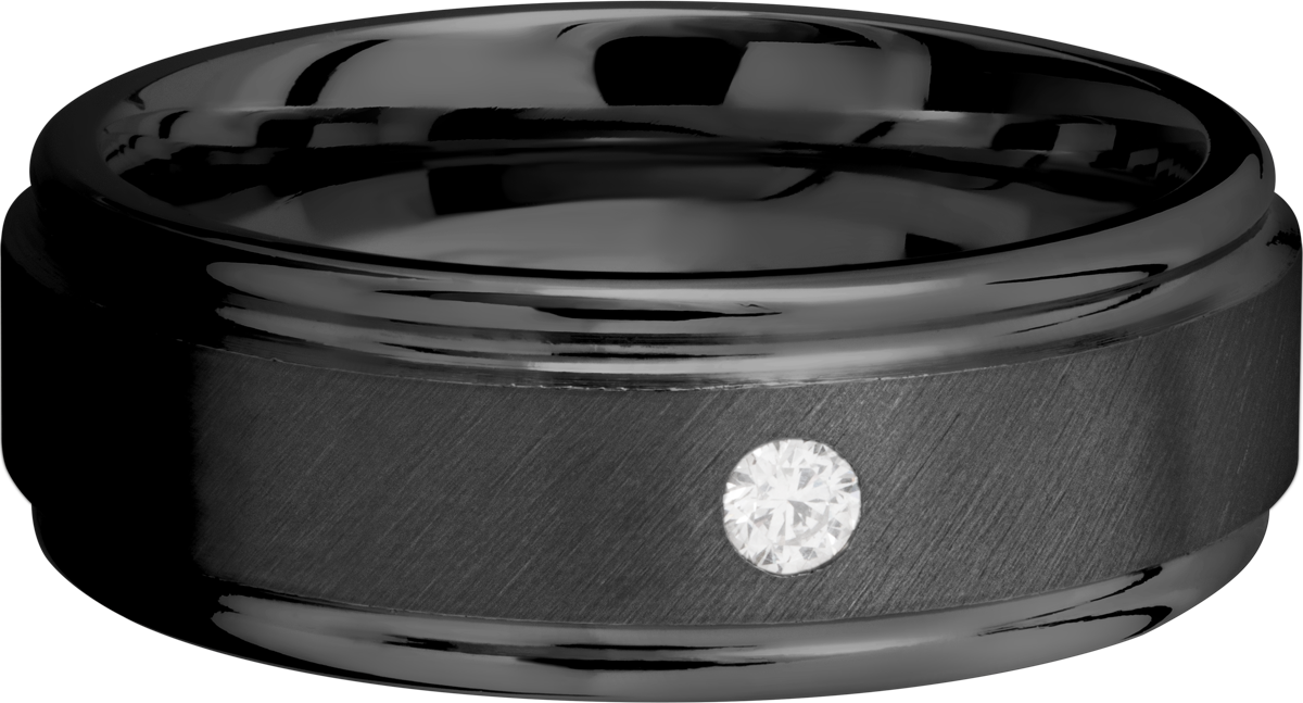 zirconium 8mm flat band with slightly rounded edges and a flush-set .07ct diamond