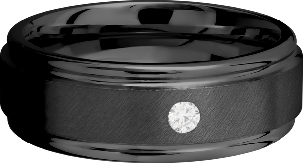 Zirconium 8mm flat band with slightly rounded edges and a flush-set .07ct diamond