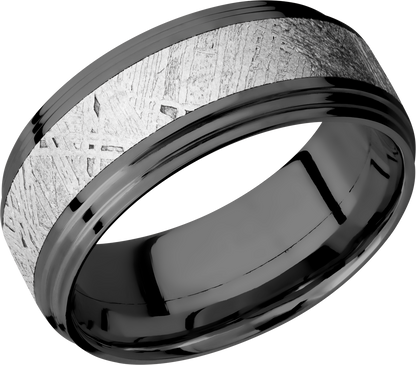 Zirconium 9mm flat band with two steps and an inlay of authentic Gibeon Meteorite