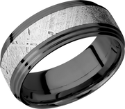 Zirconium 9mm flat band with two steps and an inlay of authentic Gibeon Meteorite