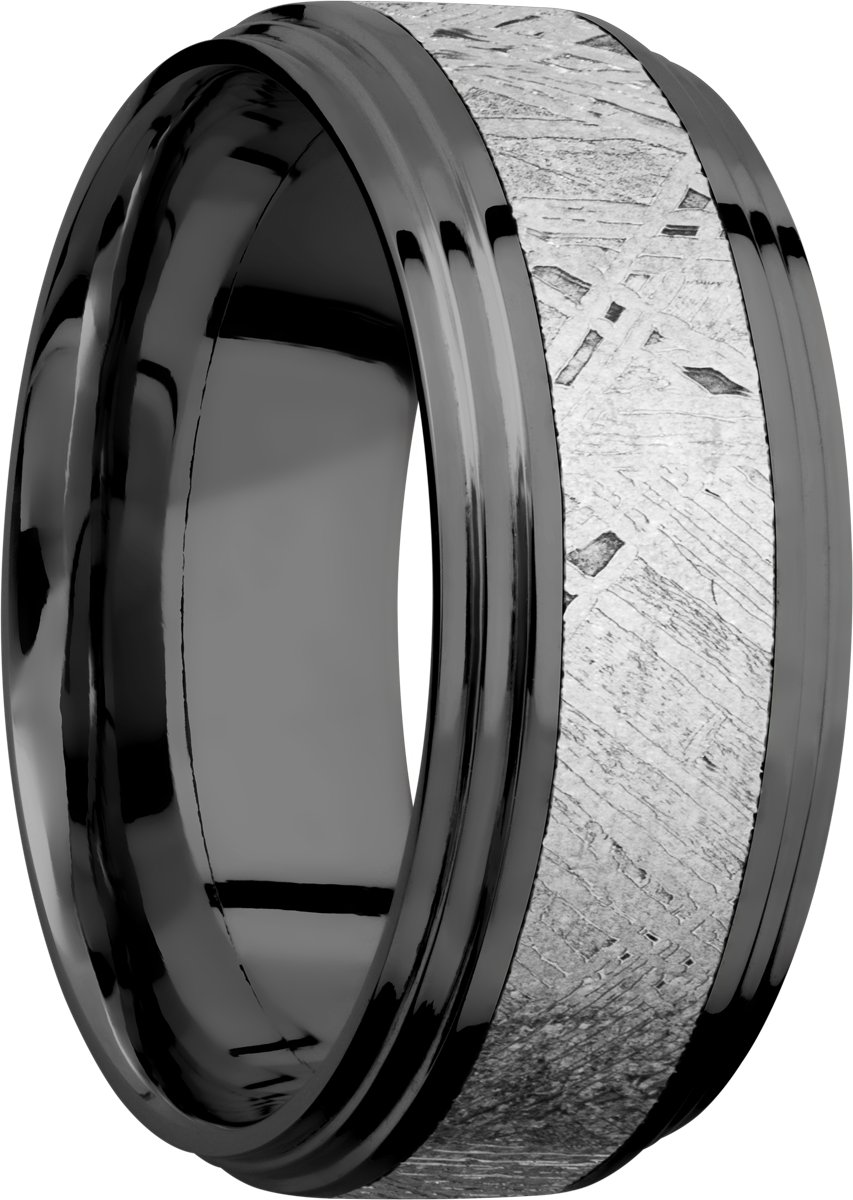 zirconium 9mm flat band with two steps and an inlay of authentic gibeon meteorite