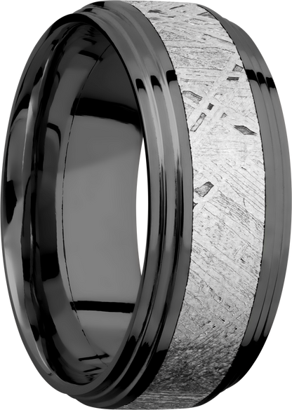 Zirconium 9mm flat band with two steps and an inlay of authentic Gibeon Meteorite