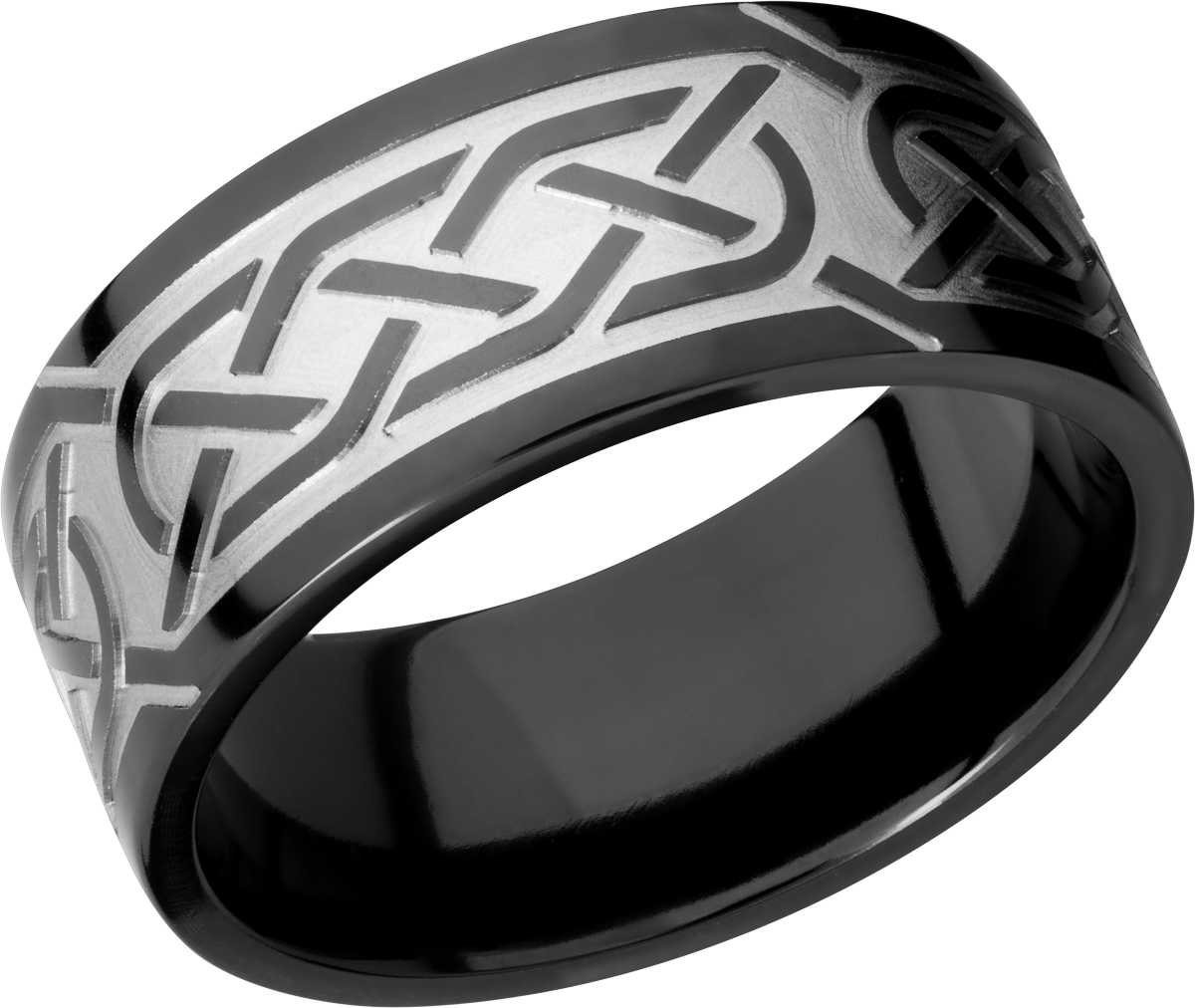 zirconium 9mm flat band with a laser-carved celtic pattern