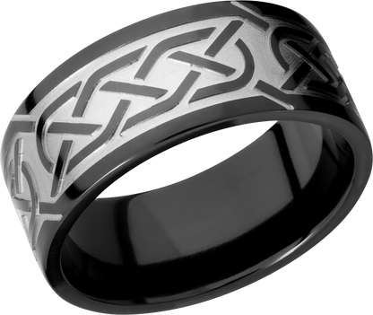 Zirconium 9mm flat band with a laser-carved celtic pattern