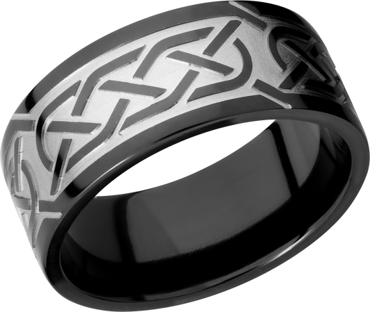 Zirconium 9mm flat band with a laser-carved celtic pattern