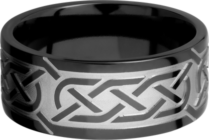 Zirconium 9mm flat band with a laser-carved celtic pattern