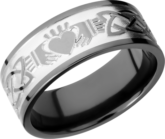 Zirconium 9mm flat band with a laser-carved claddagh celtic pattern