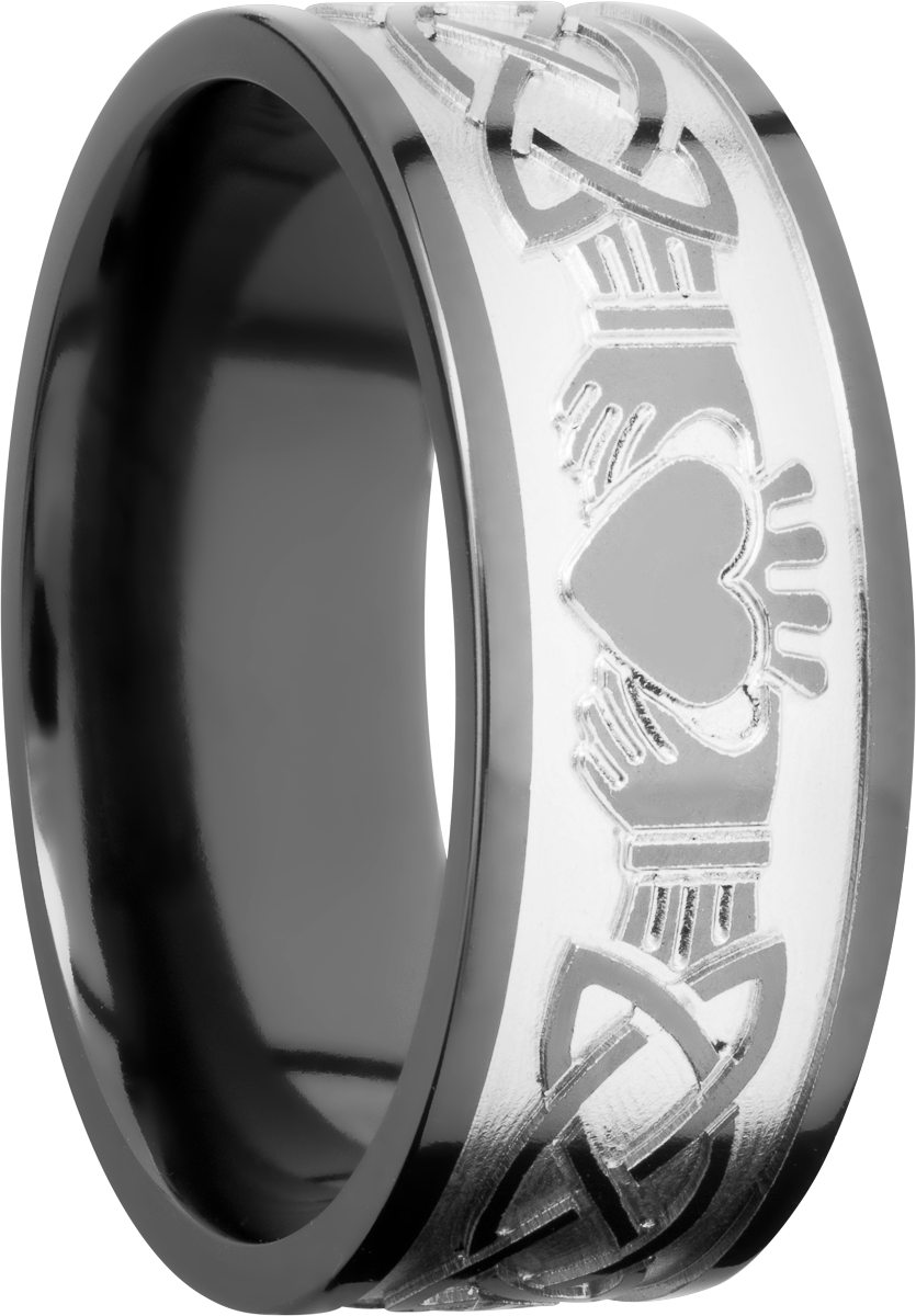 zirconium 9mm flat band with a laser-carved claddagh celtic pattern