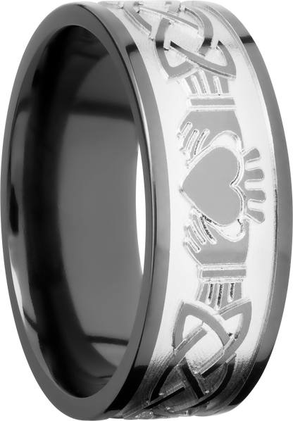 Zirconium 9mm flat band with a laser-carved claddagh celtic pattern