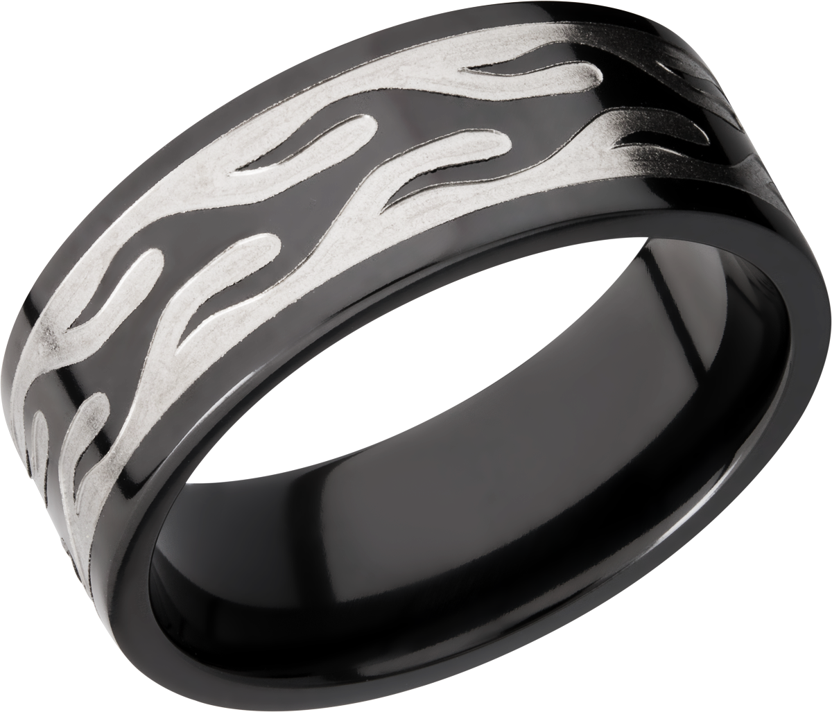 zirconium 9mm flat band with a laser-carved contour flame pattern