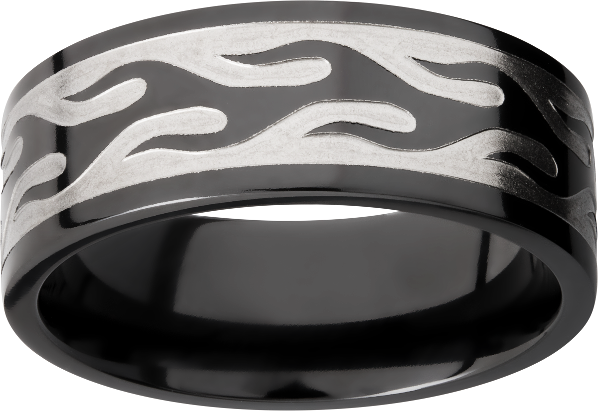 zirconium 9mm flat band with a laser-carved contour flame pattern