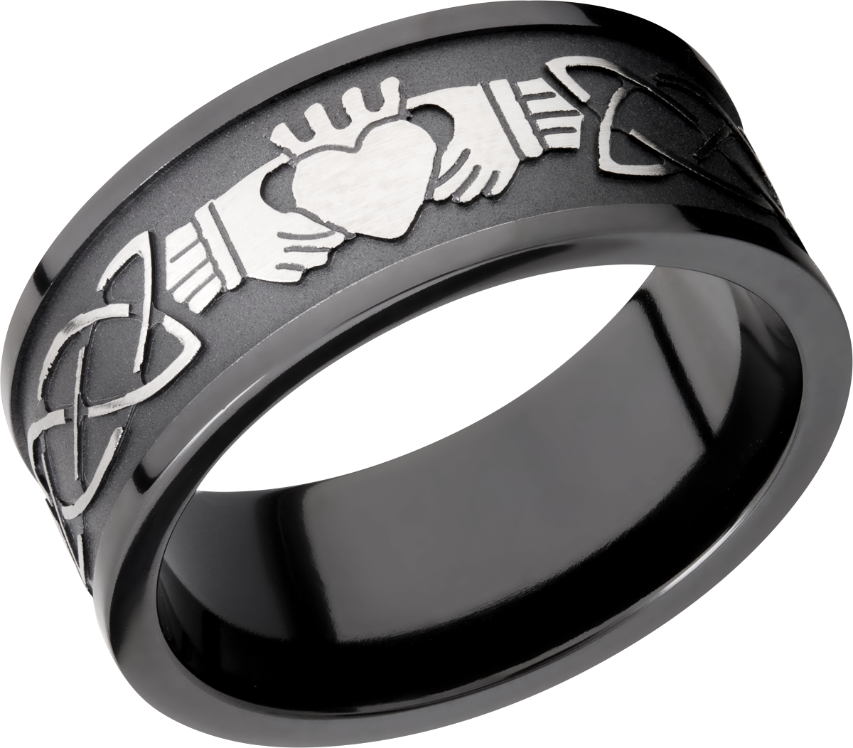 zirconium 9mm flat band with a laser-carved claddagh celtic pattern