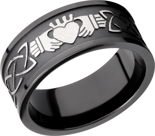 Zirconium 9mm flat band with a laser-carved claddagh celtic pattern