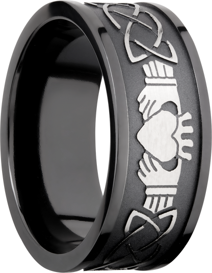 Zirconium 9mm flat band with a laser-carved claddagh celtic pattern