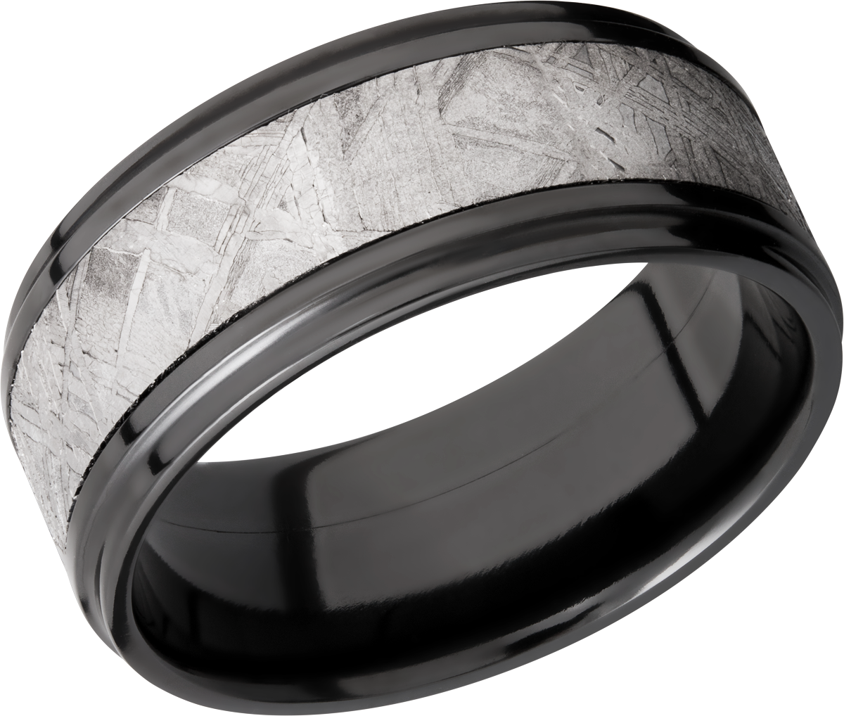 zirconium 9mm flat band with an inlay of authentic gibeon meteorite