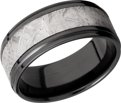 Zirconium 9mm flat band with an inlay of authentic Gibeon Meteorite