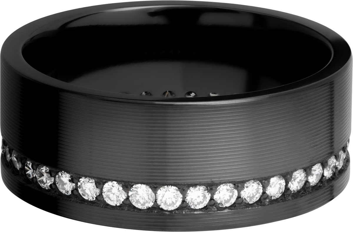 zirconium 9mm flat band with off-centered bead-set eternity .02ct diamonds