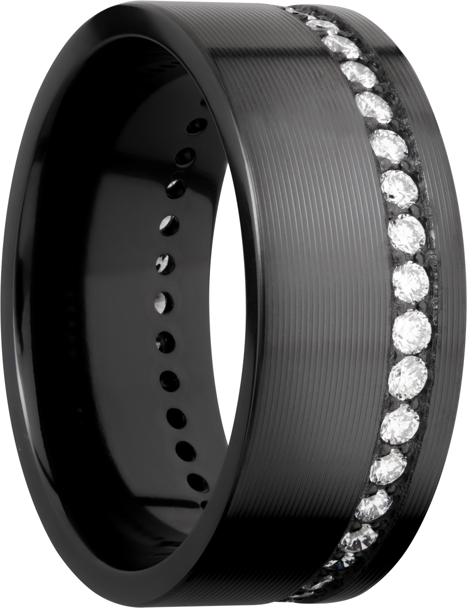 zirconium 9mm flat band with off-centered bead-set eternity .02ct diamonds