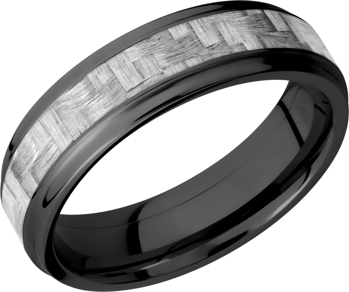 zirconium 6mm flat band with grooved edges and a 3mm inlay of silver carbon fiber