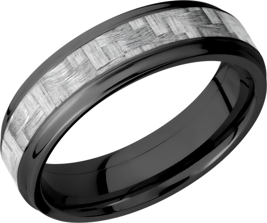 Zirconium 6mm flat band with grooved edges and a 3mm inlay of silver Carbon Fiber