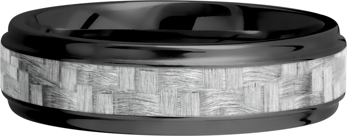 zirconium 6mm flat band with grooved edges and a 3mm inlay of silver carbon fiber