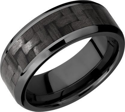 Zirconium 8mm beveled band with a 5mm inlay of black Carbon Fiber