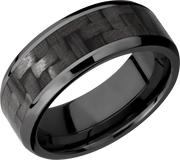 Zirconium 8mm beveled band with a 5mm inlay of black Carbon Fiber