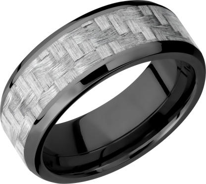 Zirconium 8mm beveled band with a 5mm inlay of silver Carbon Fiber