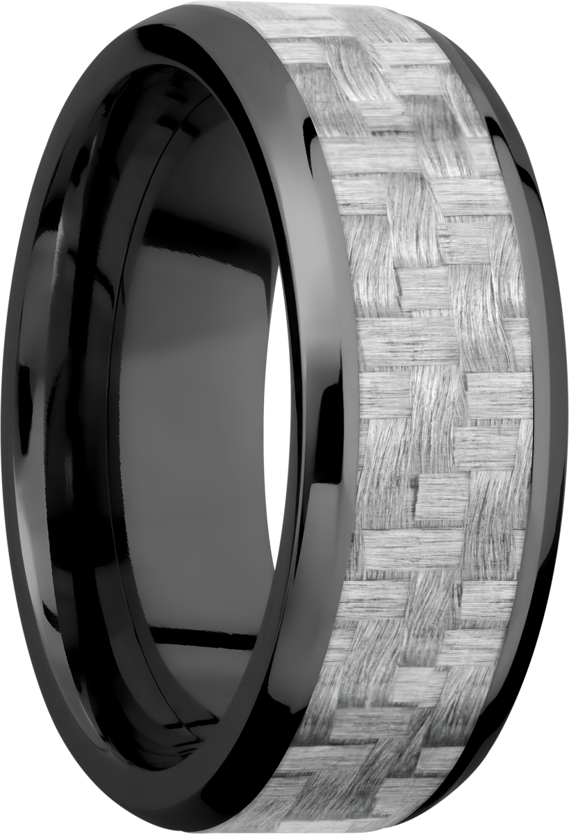 zirconium 8mm beveled band with a 5mm inlay of silver carbon fiber