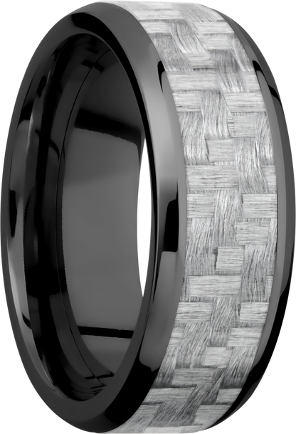 Zirconium 8mm beveled band with a 5mm inlay of silver Carbon Fiber