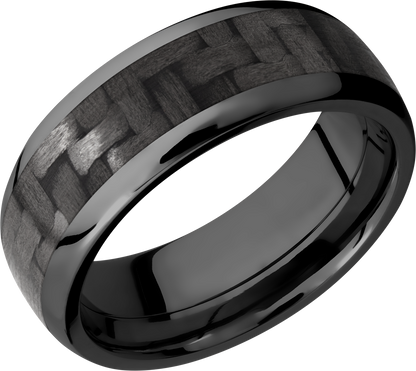 Zirconium 8mm domed band with a 5mm inlay of black Carbon Fiber