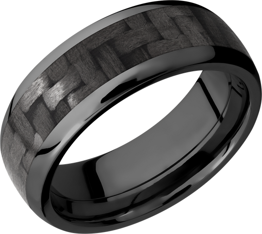 Zirconium 8mm domed band with a 5mm inlay of black Carbon Fiber