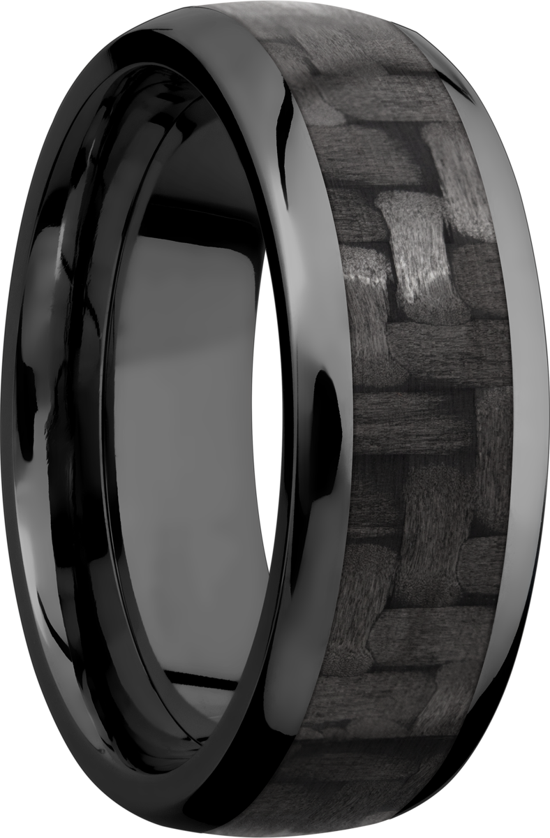 zirconium 8mm domed band with a 5mm inlay of black carbon fiber