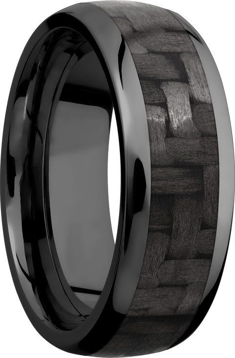 Zirconium 8mm domed band with a 5mm inlay of black Carbon Fiber