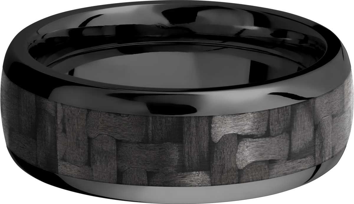 zirconium 8mm domed band with a 5mm inlay of black carbon fiber