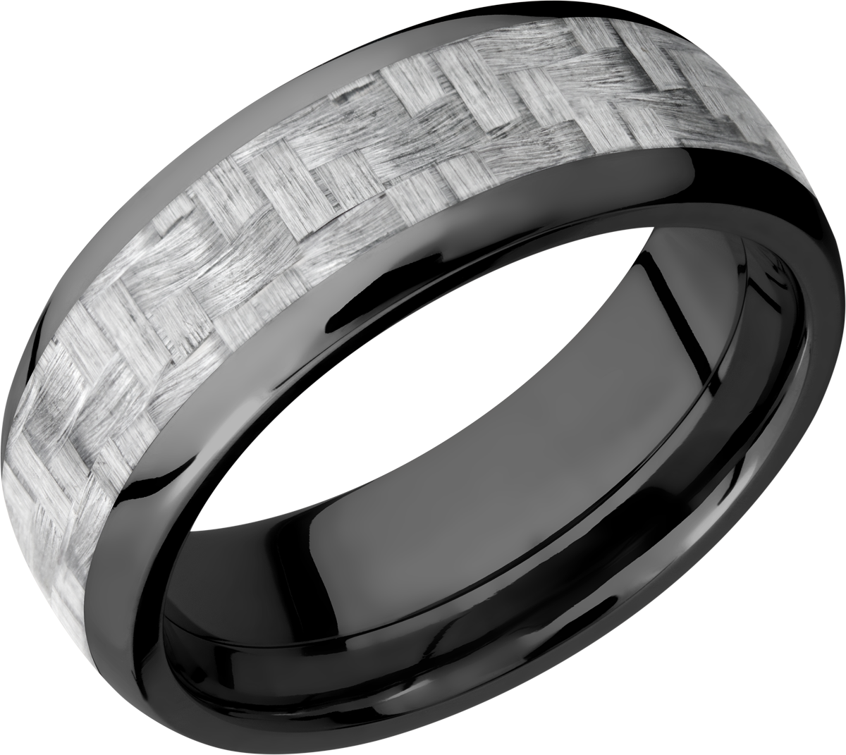 zirconium 8mm domed band with a 5mm inlay of silver carbon fiber