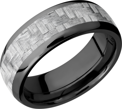 Zirconium 8mm domed band with a 5mm inlay of silver Carbon Fiber