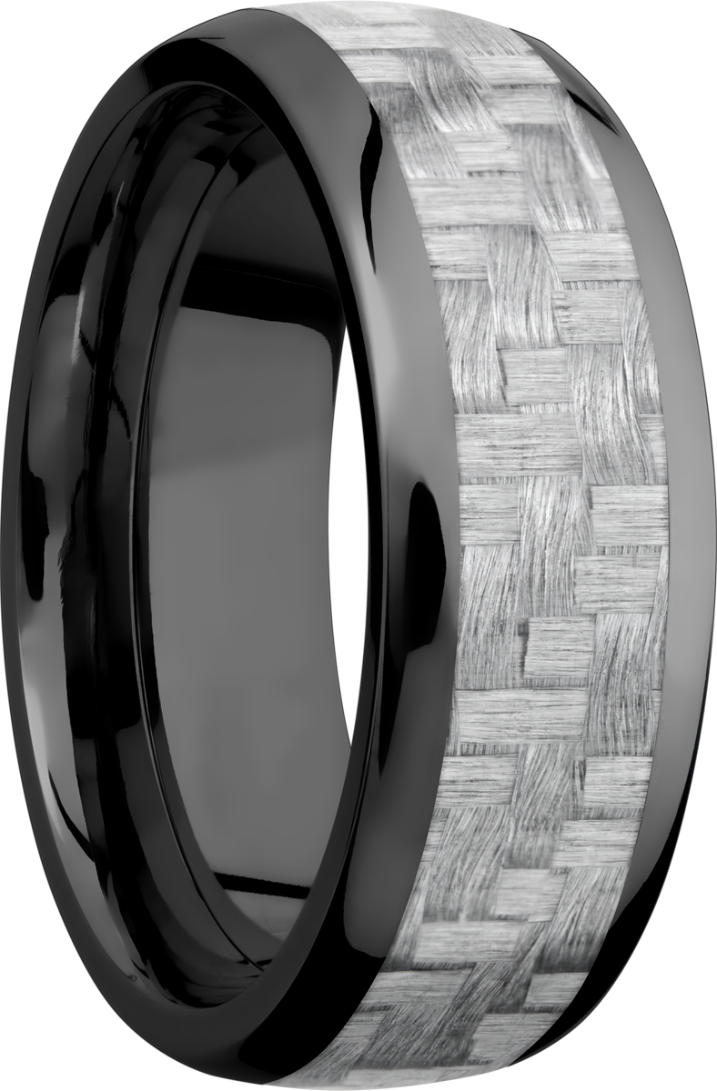 zirconium 8mm domed band with a 5mm inlay of silver carbon fiber