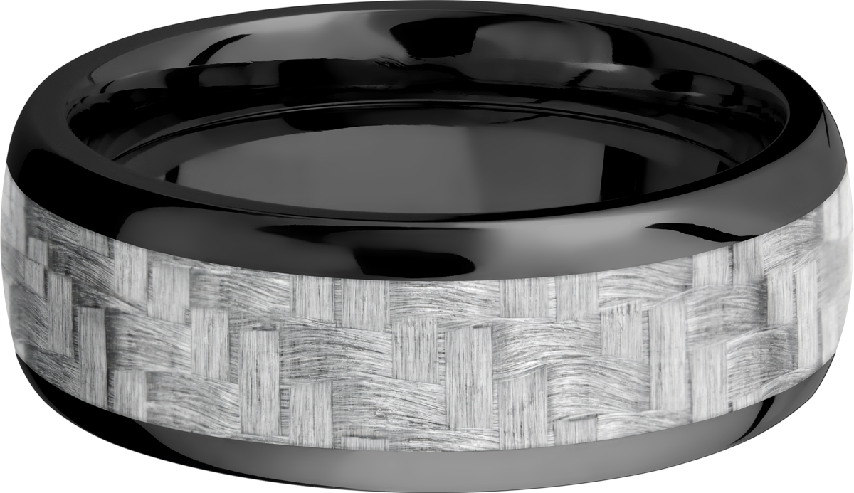 zirconium 8mm domed band with a 5mm inlay of silver carbon fiber