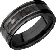 Zirconium 8mm flat band with a 3mm inlay of black Carbon Fiber and 2, 1mm inlays of Cerakote