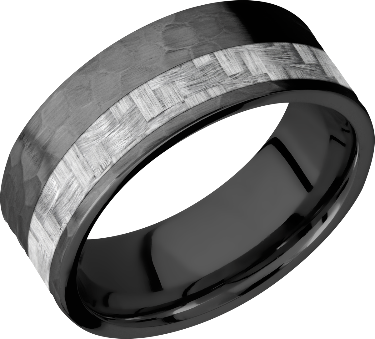 zirconium 8mm flat band with a 3mm off-centered inlay of silver carbon fiber