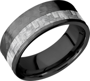 Zirconium 8mm flat band with a 3mm off-centered inlay of silver Carbon Fiber