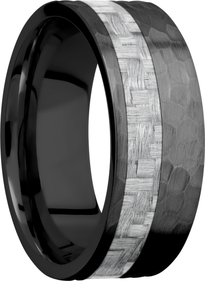 Zirconium 8mm flat band with a 3mm off-centered inlay of silver Carbon Fiber