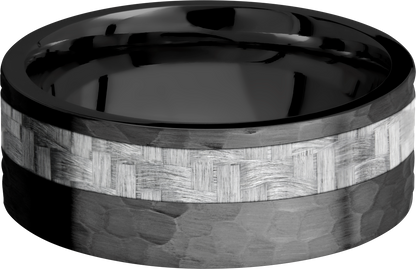 Zirconium 8mm flat band with a 3mm off-centered inlay of silver Carbon Fiber