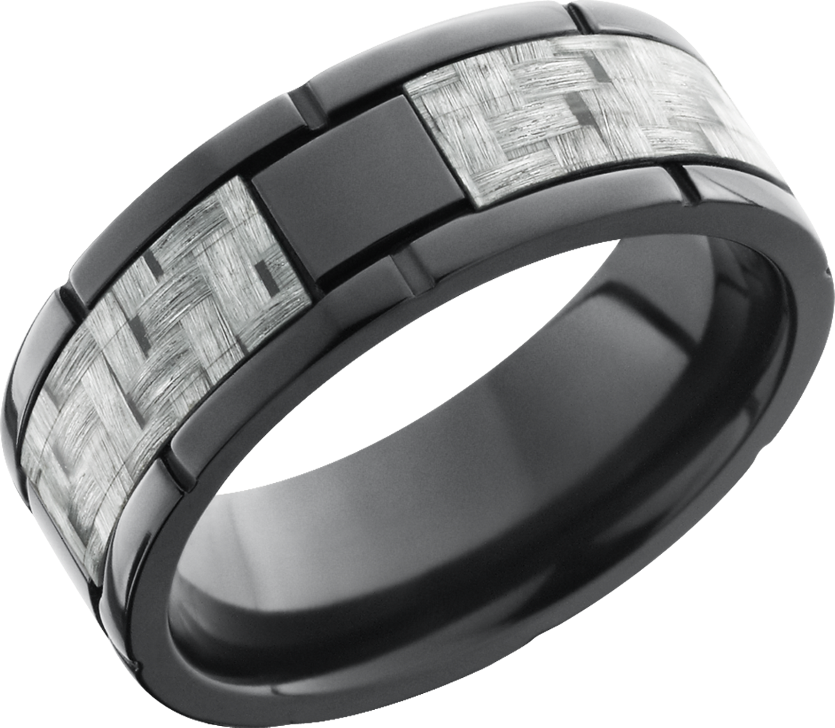 zirconium 8mm flat band with segment details and a 4mm inlay of silver carbon fiber