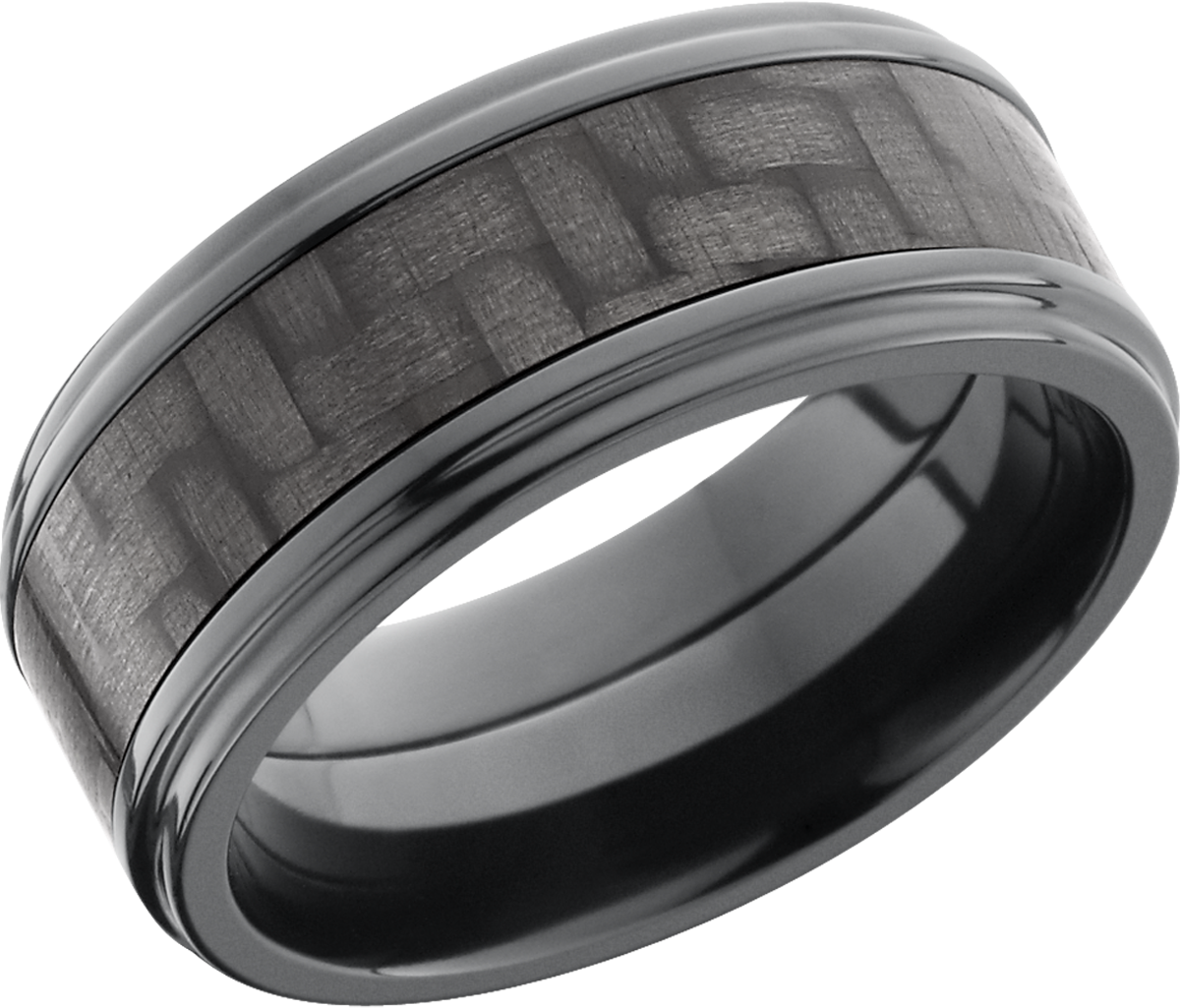 zirconium 9mm flat band with grooved edge and a 5mm inlay of black carbon fiber