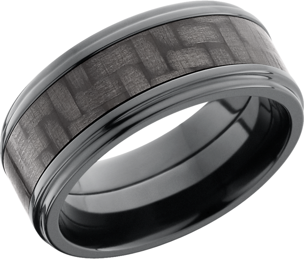 Zirconium 9mm flat band with grooved edge and a 5mm inlay of black Carbon Fiber