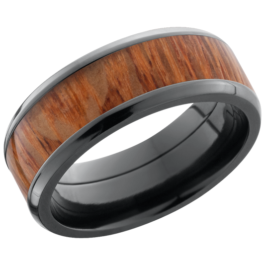 Zirconium 8mm beveled band with an inlay of Leopard hardwood